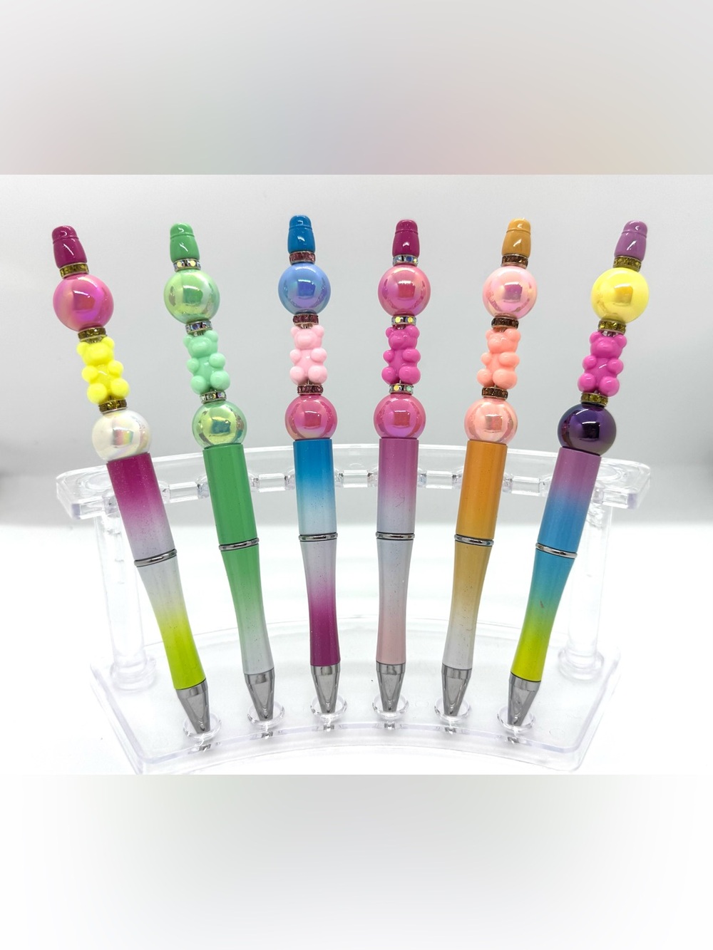 6 Colorful Beaded Gummy Bear Ombre Ballpoint Pen - Multi Pack